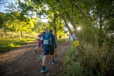 Walkers through woods